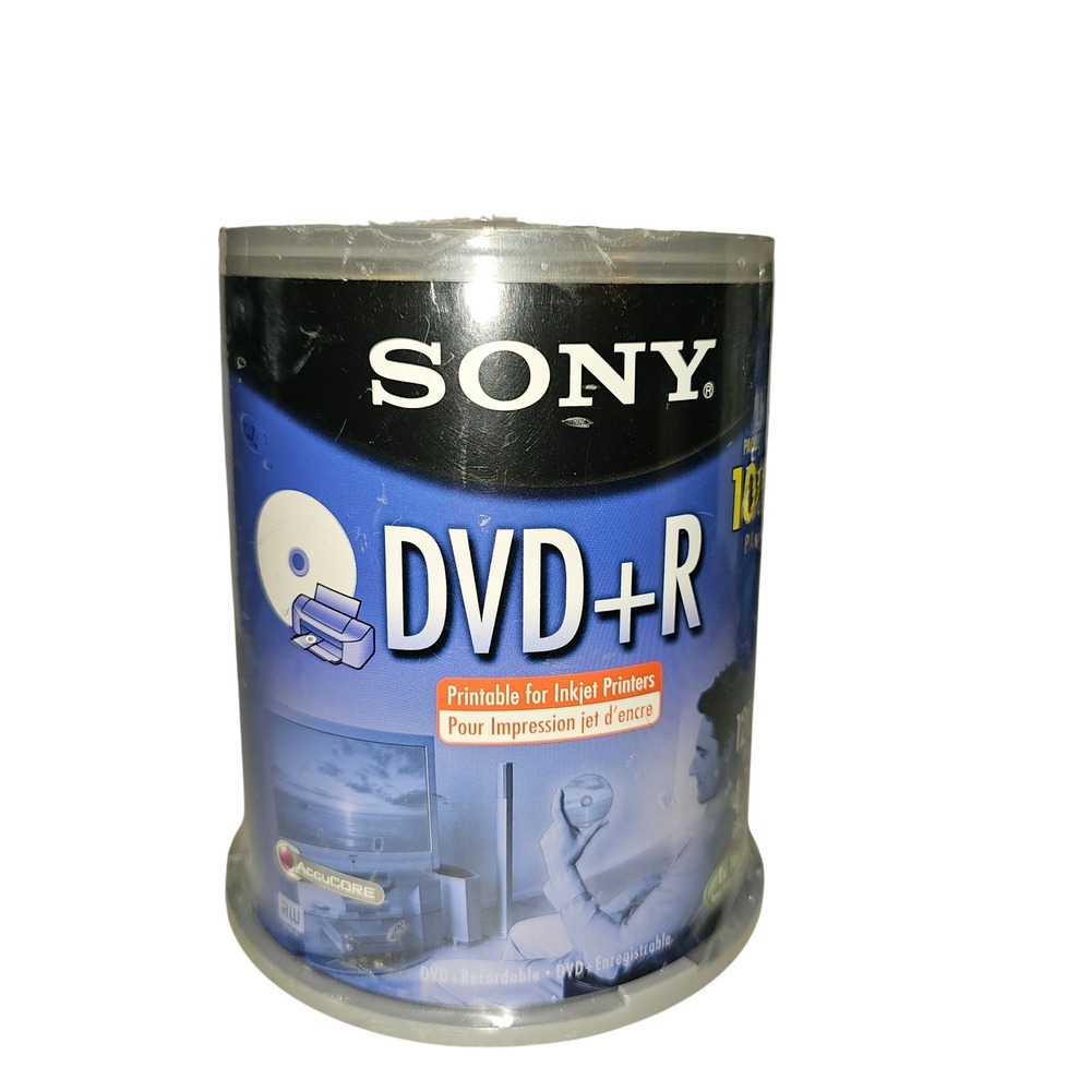 Sony DVD+R 4.7GB‎ 120min 16x Inkjet Printable AccuCORE 100 Pack Spindle New Y2K